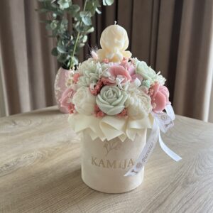 FlowerBox L welur (I Komunia różowo-zielony)