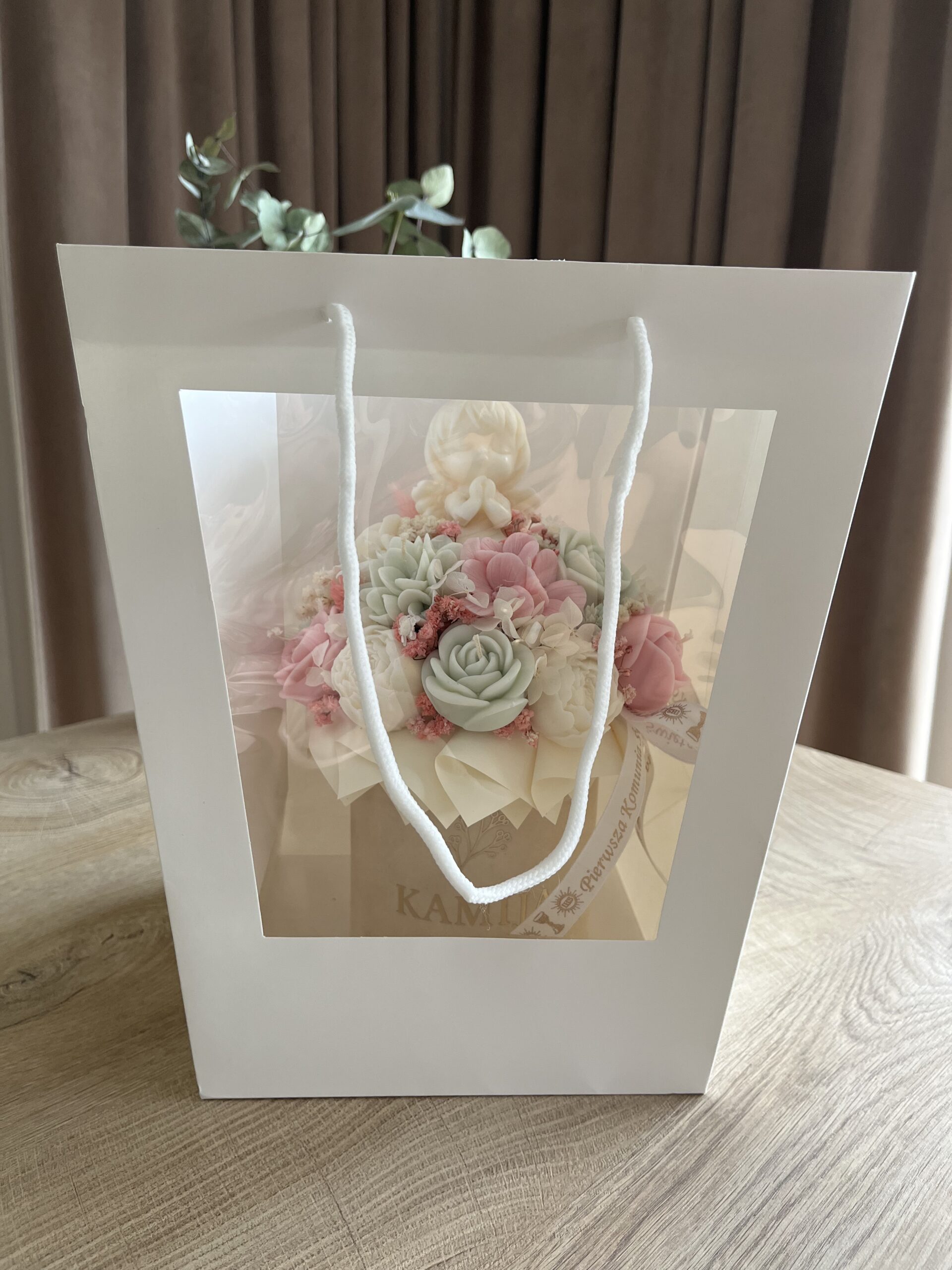 FlowerBox L welur (I Komunia różowo-zielony) - obrazek 4
