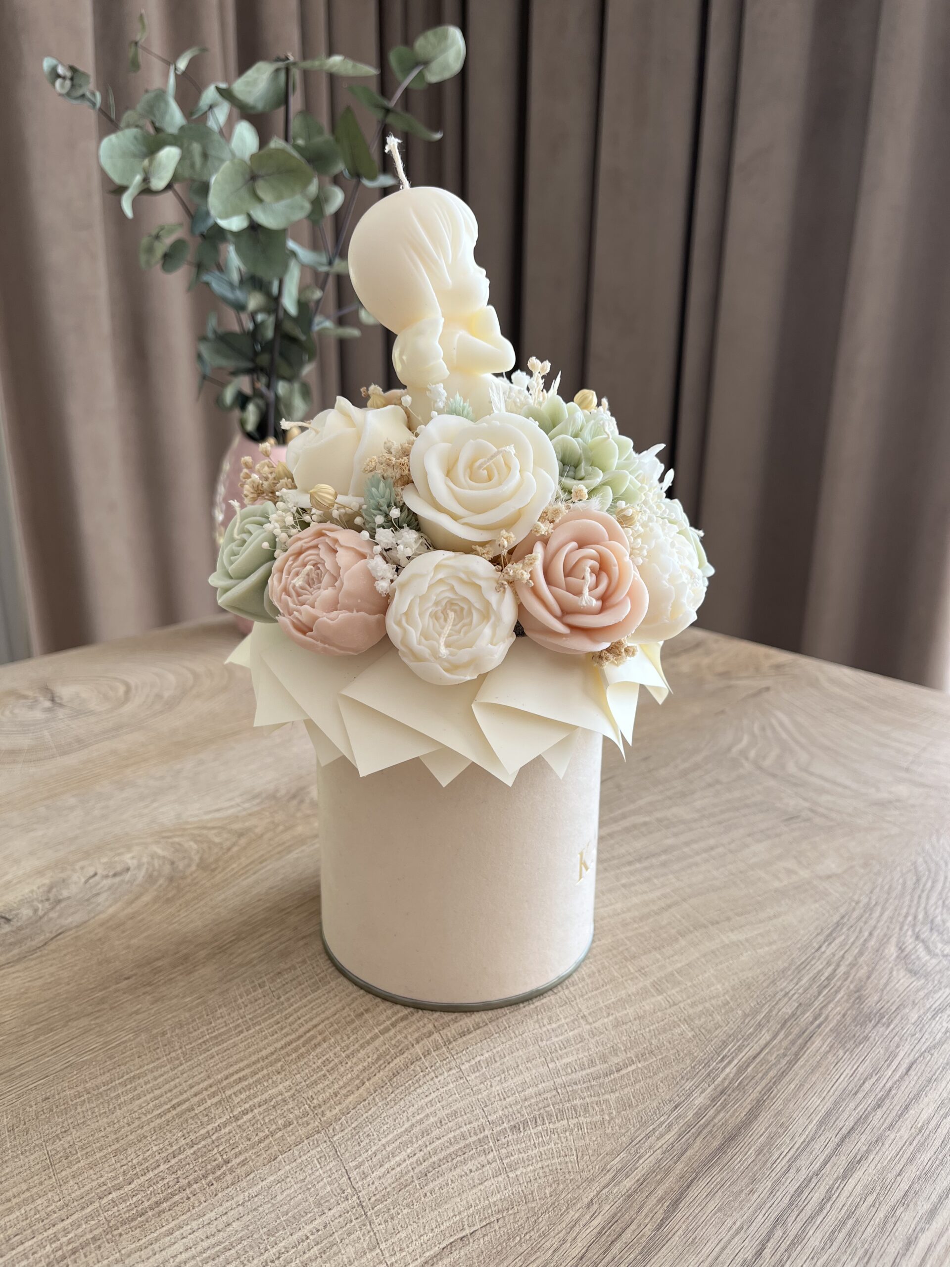 FlowerBox L welur (I Komunia beżowo-zielony) - obrazek 3